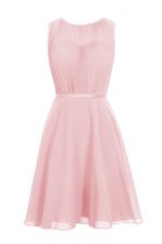  Baby Pink Chiffon Zipper Scoop Sleeveless Knee Length Dress for Prom Ruching