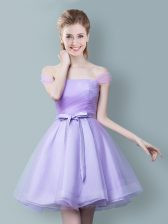 Extravagant Lavender Zipper Off The Shoulder Ruching and Bowknot Dama Dress Tulle Sleeveless