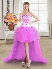 Customized Lilac Strapless Lace Up Beading and Appliques and Ruffles Prom Party Dress Sleeveless