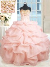  Floor Length Lace Up Sweet 16 Quinceanera Dress Baby Pink for Prom and Military Ball and Sweet 16 and Quinceanera with Beading and Embroidery and Pick Ups