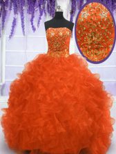  Sleeveless With Train Beading and Appliques and Ruffles Lace Up Sweet 16 Quinceanera Dress with Orange Red Brush Train