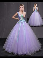 Most Popular Lavender Quinceanera Dress Military Ball and Sweet 16 and Quinceanera with Beading and Belt V-neck Sleeveless Lace Up