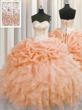  Visible Boning Orange Sleeveless Beading and Ruffles Floor Length 15 Quinceanera Dress