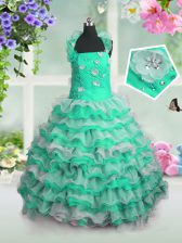  Floor Length Green Child Pageant Dress Organza Sleeveless Beading and Appliques and Ruffled Layers