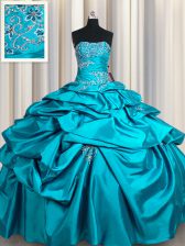 Dazzling Sleeveless Taffeta Floor Length Lace Up Quinceanera Gown in Teal with Appliques and Pick Ups