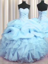 Fashionable Visible Boning Floor Length Lace Up Ball Gown Prom Dress Baby Blue for Military Ball and Sweet 16 and Quinceanera with Beading and Ruffles and Pick Ups