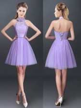 New Arrival Lavender Halter Top Lace Up Lace and Appliques Court Dresses for Sweet 16 Sleeveless