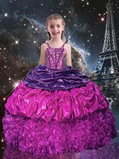  Purple Spaghetti Straps Neckline Beading and Ruffles and Pick Ups Girls Pageant Dresses Sleeveless Lace Up