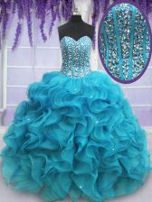 On Sale Teal Quinceanera Dress Military Ball and Sweet 16 and Quinceanera with Beading and Ruffles Sweetheart Sleeveless Lace Up