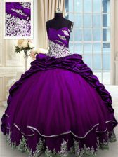 Stunning Sweetheart Sleeveless Quince Ball Gowns With Brush Train Beading and Appliques and Pick Ups Purple Taffeta