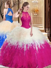 Admirable Tulle High-neck Sleeveless Backless Lace and Appliques and Ruffles Sweet 16 Quinceanera Dress in Multi-color