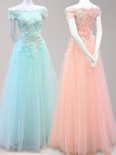  Off the Shoulder Cap Sleeves Beading and Appliques Zipper Prom Gown