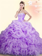  Lilac Ball Gowns Beading and Ruffles and Pick Ups Quinceanera Dresses Lace Up Organza Sleeveless With Train