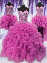 Adorable Four Piece Lilac Sleeveless Floor Length Ruffles and Sequins Lace Up Sweet 16 Quinceanera Dress