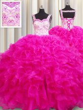  Fuchsia Sleeveless Organza Lace Up Quinceanera Dress for Military Ball and Sweet 16 and Quinceanera