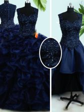  Four Piece Navy Blue Zipper Straps Beading and Ruffles Ball Gown Prom Dress Organza Sleeveless