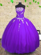 Captivating Purple Ball Gowns Appliques and Ruching 15th Birthday Dress Lace Up Tulle Sleeveless Floor Length