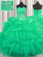  Pick Ups Ruffled Ball Gowns Quinceanera Gown Turquoise Strapless Organza Sleeveless Floor Length Lace Up