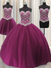 Romantic Three Piece Fuchsia Sleeveless Beading and Sequins Floor Length 15 Quinceanera Dress