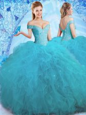 High Class Off the Shoulder Floor Length Teal 15th Birthday Dress Tulle Sleeveless Beading and Ruffles