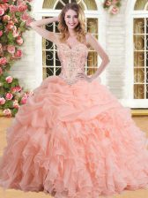 Nice Peach Quince Ball Gowns Military Ball and Sweet 16 and Quinceanera with Beading and Appliques and Ruffles and Pick Ups Sweetheart Sleeveless Lace Up