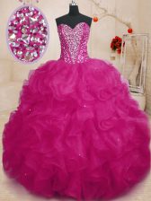  Sleeveless Organza Floor Length Lace Up Quinceanera Dress in Fuchsia with Beading and Ruffles