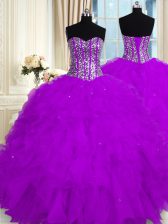  Floor Length Purple Quinceanera Gowns Organza Sleeveless Beading and Ruffles