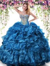 Super Blue Ball Gowns Sweetheart Sleeveless Organza Floor Length Lace Up Beading and Ruffles Vestidos de Quinceanera
