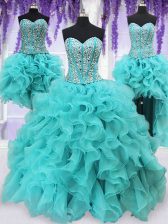 Super Four Piece Aqua Blue Ball Gowns Sweetheart Sleeveless Organza Floor Length Lace Up Beading and Ruffles Quinceanera Dress