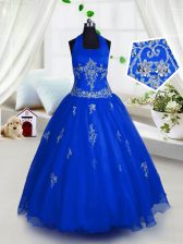 Perfect Blue Pageant Gowns For Girls Party and Wedding Party with Appliques Halter Top Sleeveless Lace Up