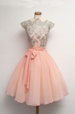 Trendy Peach A-line Scalloped Cap Sleeves Chiffon Knee Length Zipper Appliques Prom Gown