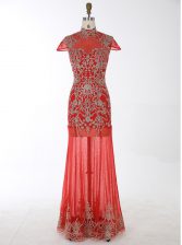  Mermaid Red High-neck Neckline Beading and Appliques Prom Evening Gown Cap Sleeves Backless