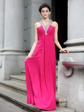  Hot Pink Criss Cross Prom Party Dress Beading and Ruching Sleeveless Floor Length