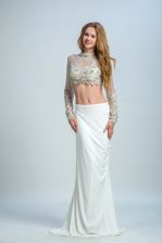 Trendy White Backless High-neck Beading Prom Dress Elastic Woven Satin Long Sleeves