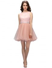  Scoop Pink A-line Beading and Lace Evening Dress Zipper Organza Sleeveless Mini Length