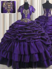 Flirting Purple Ball Gowns Taffeta Sweetheart Sleeveless Beading and Appliques and Pick Ups With Train Lace Up Sweet 16 Dresses Brush Train