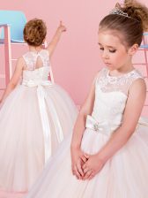 Free and Easy Scoop Champagne Ball Gowns Lace and Bowknot Toddler Flower Girl Dress Lace Up Tulle Sleeveless Floor Length