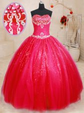  Beading Sweet 16 Quinceanera Dress Red Lace Up Sleeveless Floor Length