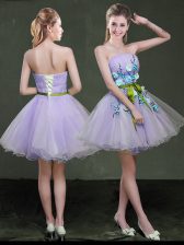 Attractive Lavender A-line Appliques and Belt Lace Up Organza Sleeveless Mini Length