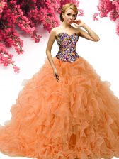  Orange Sleeveless Floor Length Beading and Ruffles Lace Up Quinceanera Dress