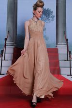  Peach Clasp Handle Scoop Beading and Sequins and Ruching Prom Dress Chiffon Sleeveless