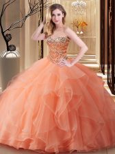  Peach Lace Up Sweetheart Beading 15 Quinceanera Dress Tulle Sleeveless