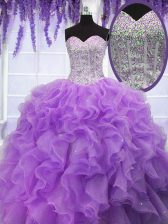 Fantastic Lavender Sweetheart Neckline Ruffles and Sequins Sweet 16 Dresses Sleeveless Lace Up