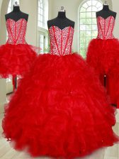 Clearance Four Piece Red Sleeveless Floor Length Beading and Ruffles Lace Up 15th Birthday Dress