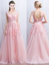  Backless With Train Baby Pink Homecoming Dress Tulle Brush Train Sleeveless Appliques and Belt