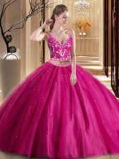 Nice Hot Pink 15 Quinceanera Dress Military Ball and Sweet 16 and Quinceanera with Beading and Appliques Spaghetti Straps Sleeveless Lace Up