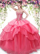 Customized Sleeveless Organza Floor Length Lace Up Quinceanera Dresses in Coral Red with Beading and Ruffled Layers