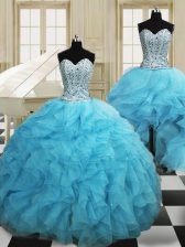 Pretty Three Piece Baby Blue Sleeveless Beading and Ruffles Floor Length Sweet 16 Quinceanera Dress