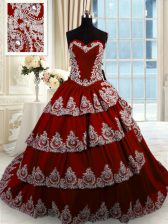 Cheap Wine Red Sleeveless Court Train Beading and Appliques and Ruffled Layers With Train Ball Gown Prom Dress