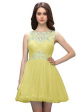  Scoop Light Yellow Sleeveless Mini Length Beading Zipper Evening Dress